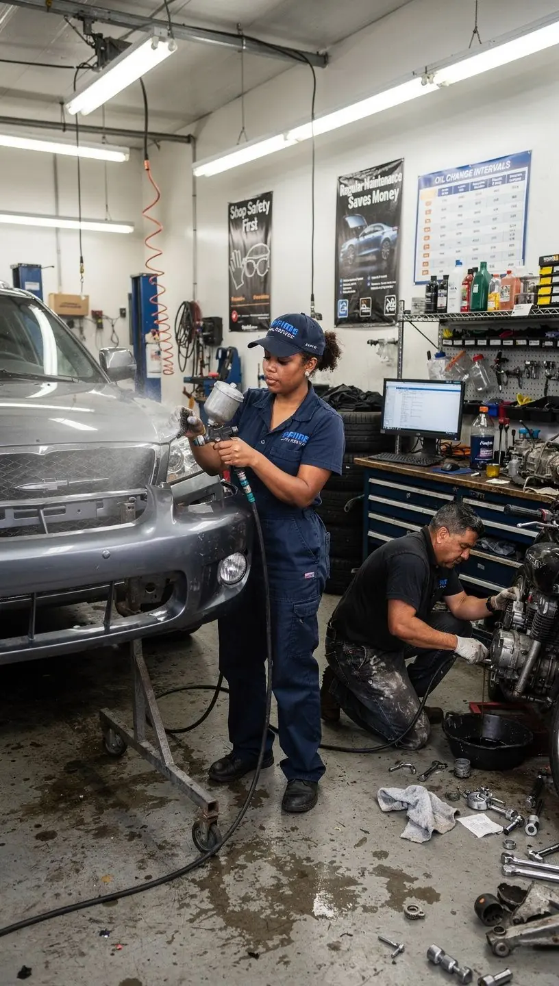 Technician explaining vehicle repair options and maintenance schedule to a customer in a service consultation.