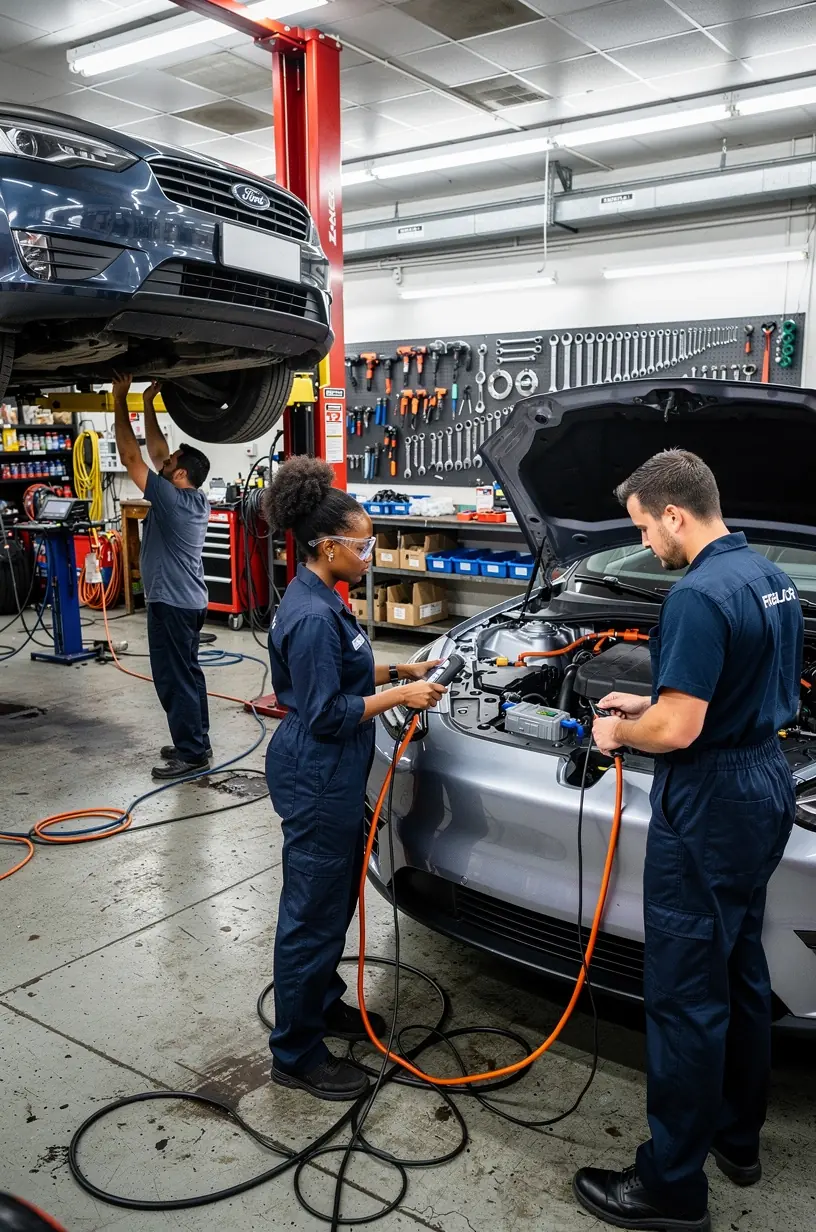 Car lifted on hydraulic lift with a mechanic inspecting the undercarriage for comprehensive repairs.