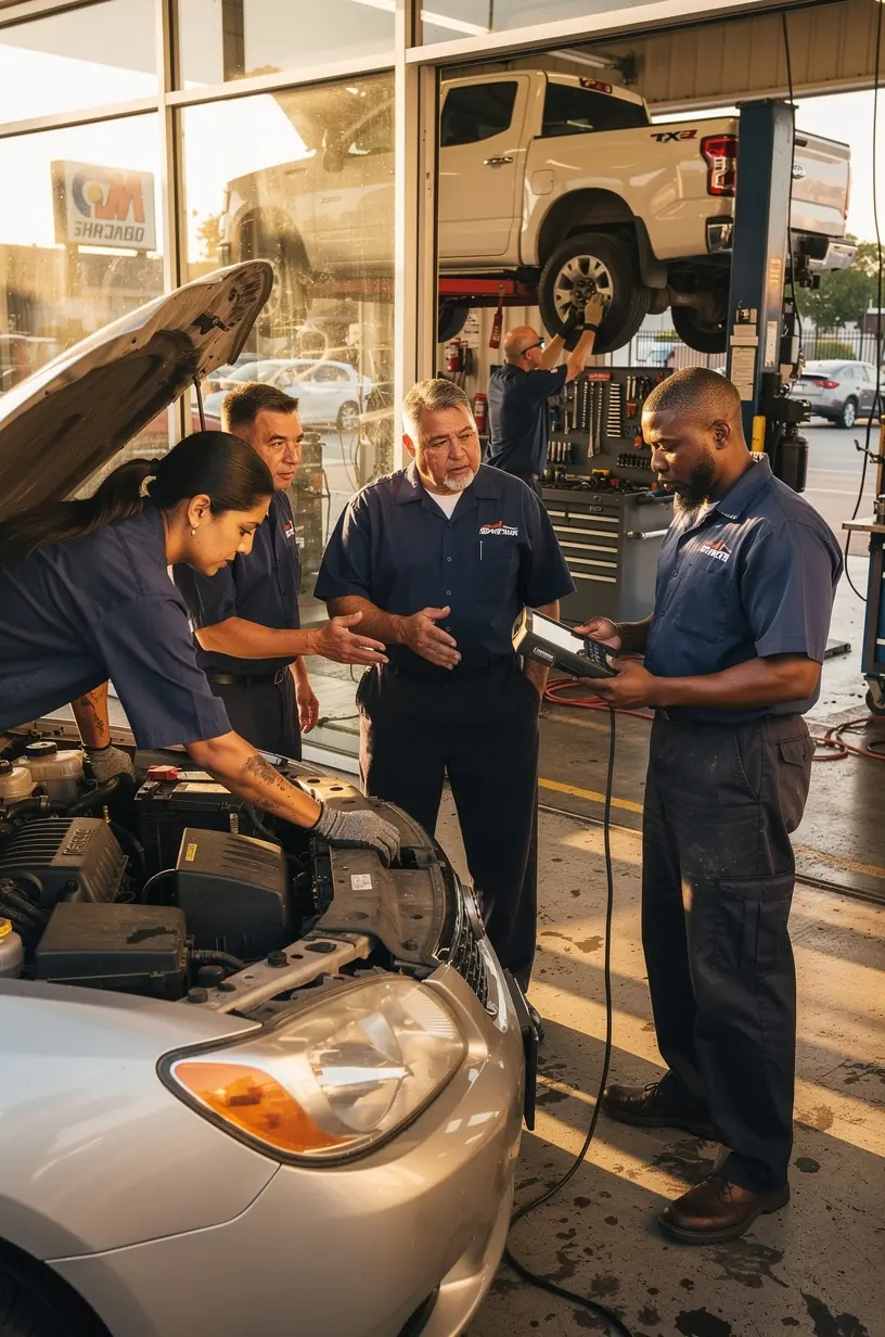 Professional auto technician changing engine oil with precision in a clean and organized garage.